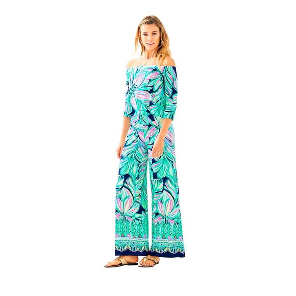 Lilly Pulitzer Weslee Floral Crop Top and Palazzo Pant Set High Tide Navy Small - Picture 12 of 14